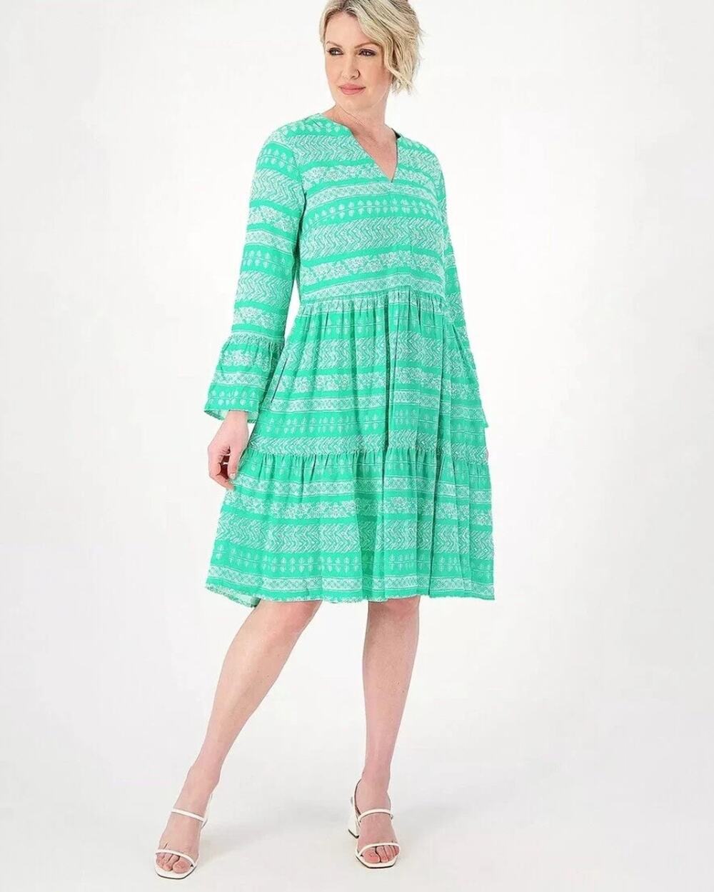 Destination 365 Dress Womens XXS Green Printed Tiered Bohemian Split V Neck